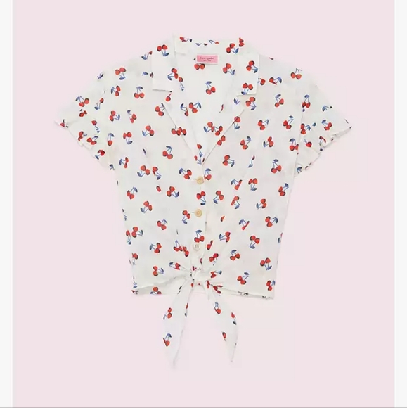 Kate Spade Cherry toss tie-front top, French cream, all cotton XL - Picture 5 of 10
